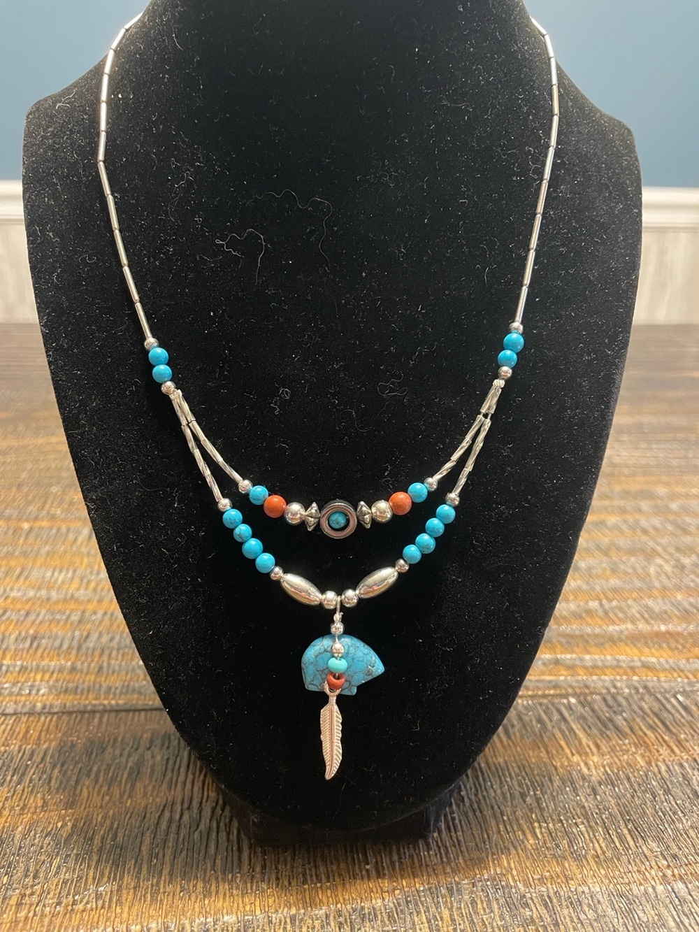 Turquoise Beaded Layered Feather n Bear Pendant Necklace - Women Jewelry